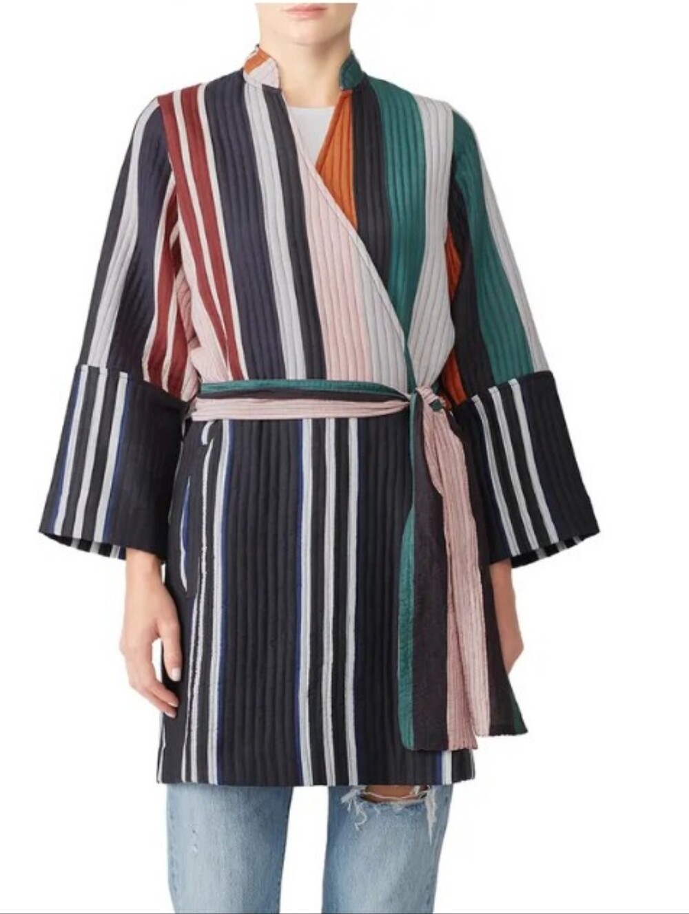 Apiece Apart Quilted Kimono Style Boho Patch Wrap Jacket - Stripe Mixto sz 4